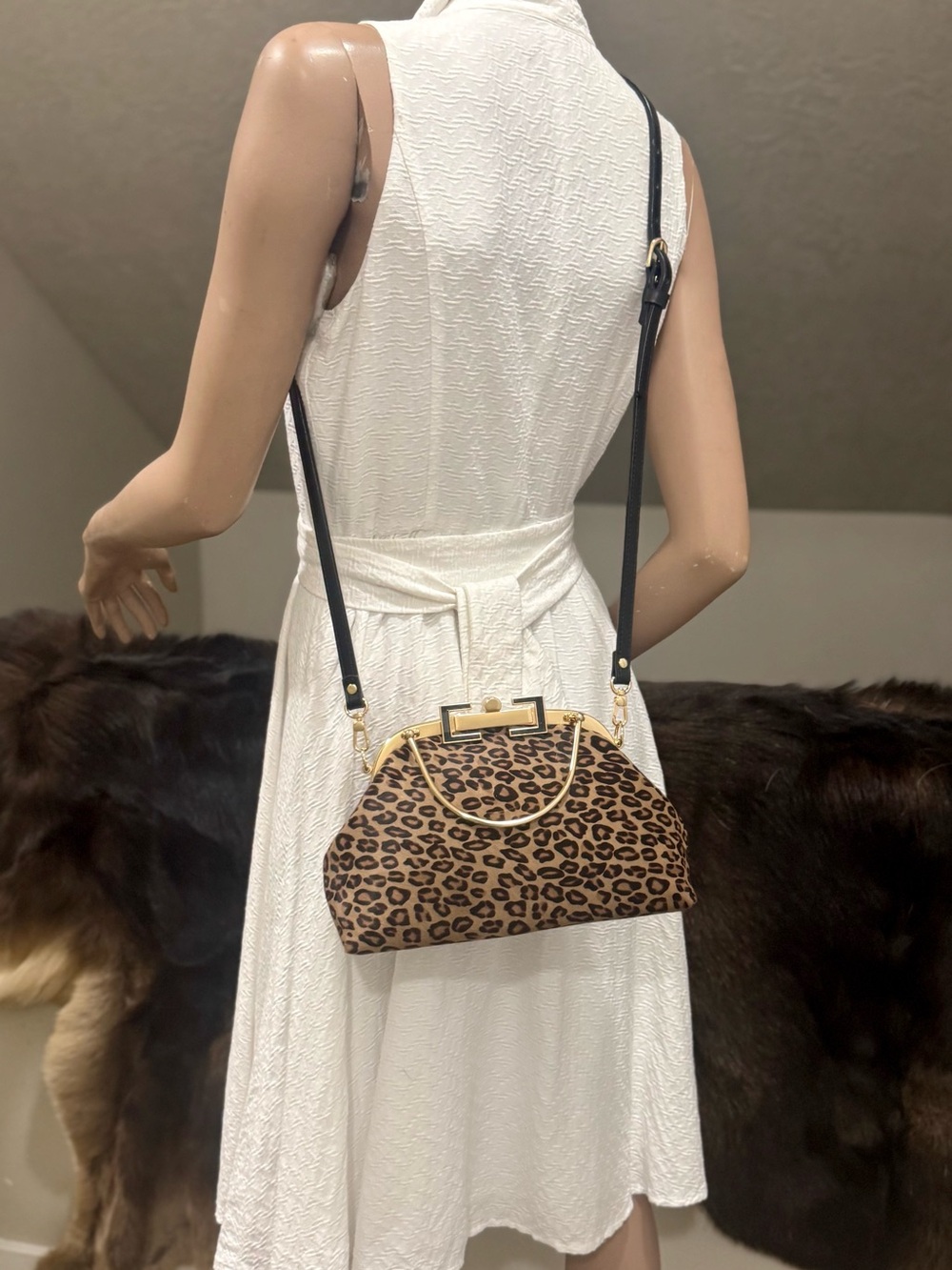 Leopard Print Handmade Real Hair-on Horsehide Top Handle, Push Lock Frame Bag - Picture 8 of 16